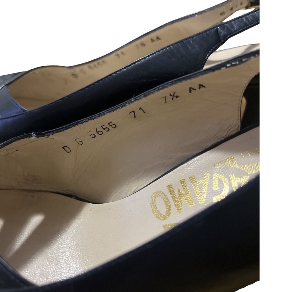 Salvatore Ferragamo Navy Leather Peep-Toe Slingbacks | 7.5AA - Picture 6 of 9